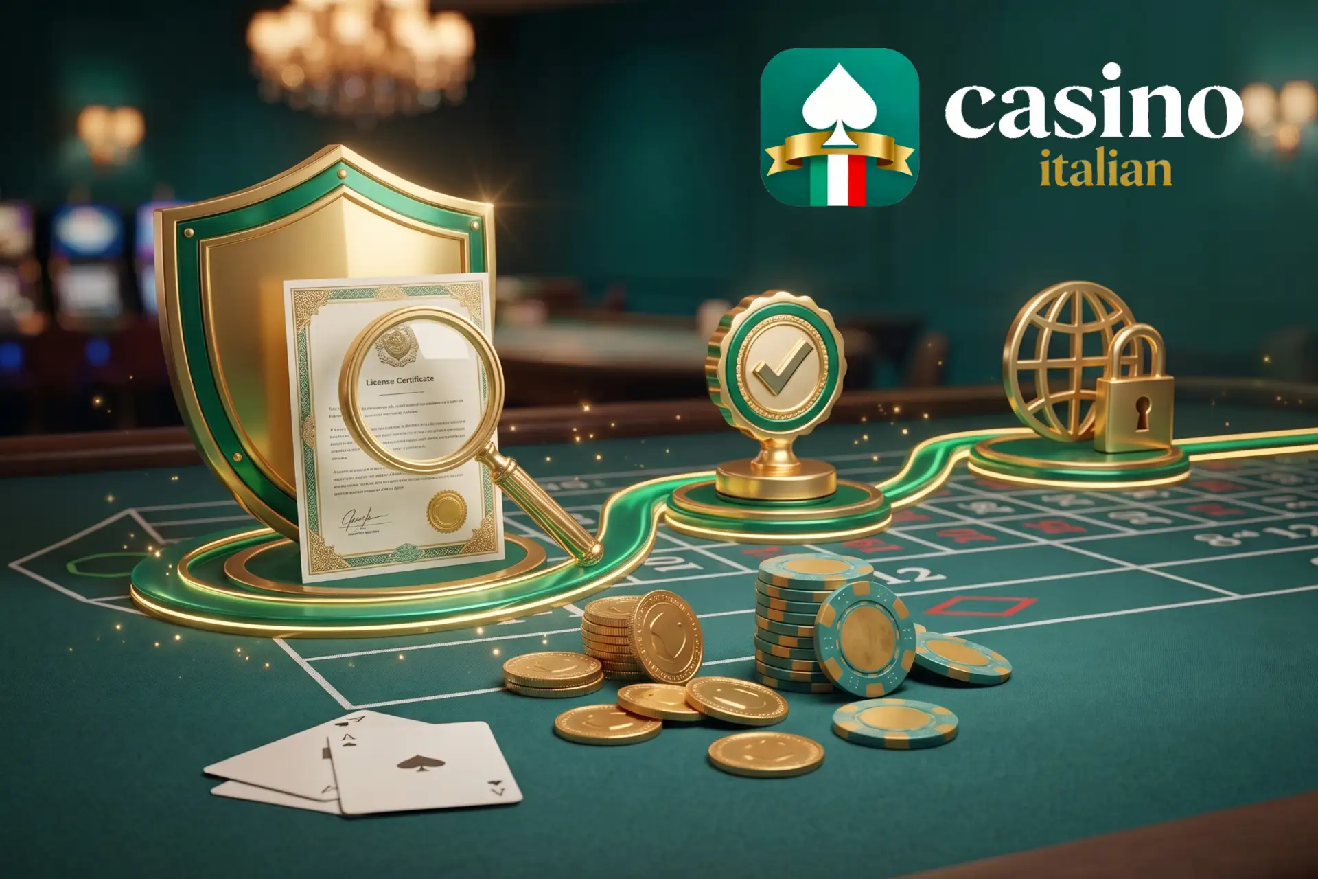 Guida su come verificare la licenza di un nuovo casino su Casino Italian, mostrata in 3 passaggi con lente d'ingrandimento, sigillo, globo con lucchetto e fiches.